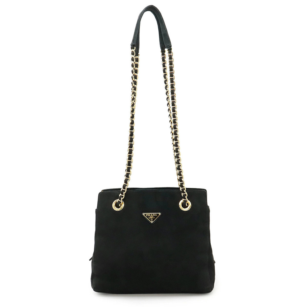 Prada Triangle Chain Tote Bag Shoulder Suede Black Nero Black